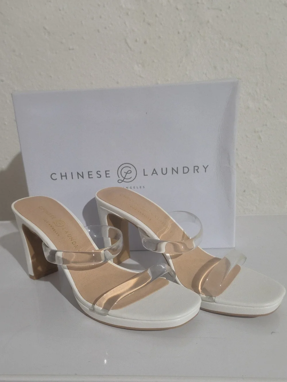 Chinese Laundry Tiffney White Heeled Sandals with Clear Straps